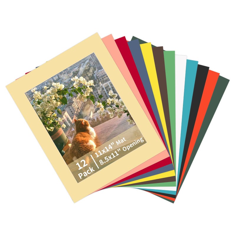 ZBEIVAN 12 Packs Mixed Colors 11x14 Picture Frame Mats for 8.5x11 Photos, Artworks and Prints, White Core Bevel Cut Frame Mattes - Image 1